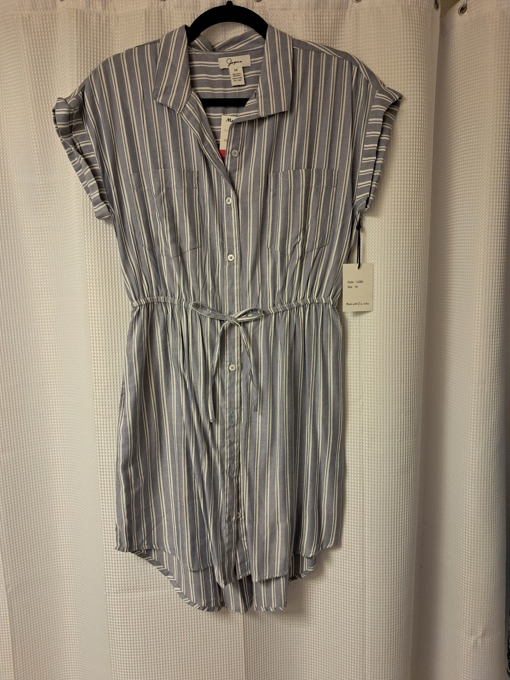 Linen-Blend Blue Stripe Shirt Dress with Tie Waist